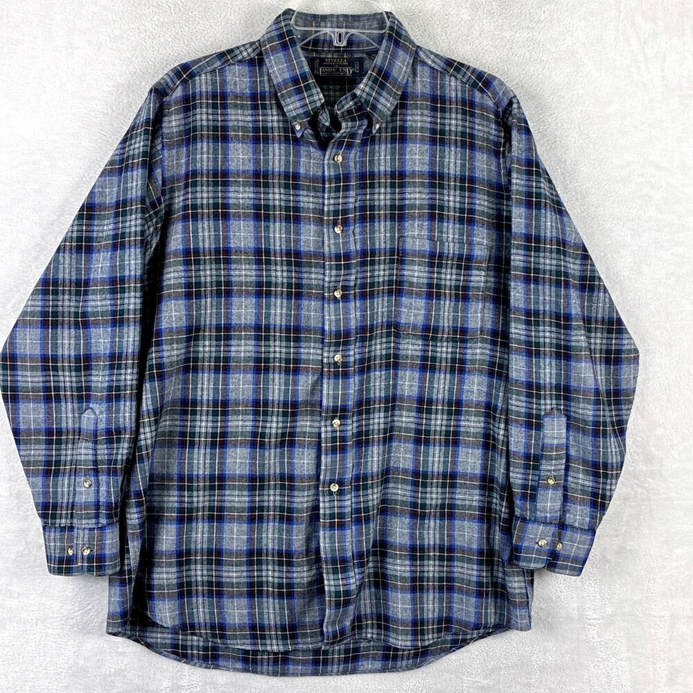 Viyella x Lands End Shirt Men L Blue Tartan Plaid Wool Flannel Outdoor Classic